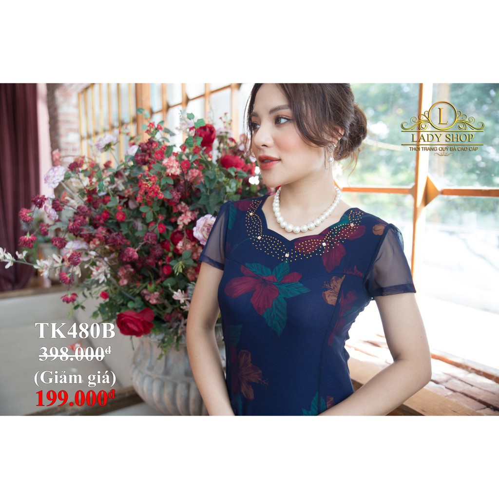 VÁY QUÝ BÀ TRUNG NIÊN CAO CẤP - LADYSHOP - Đầm 2 lớp xanh hoa dâm bụt cổ đá TK480  ྇