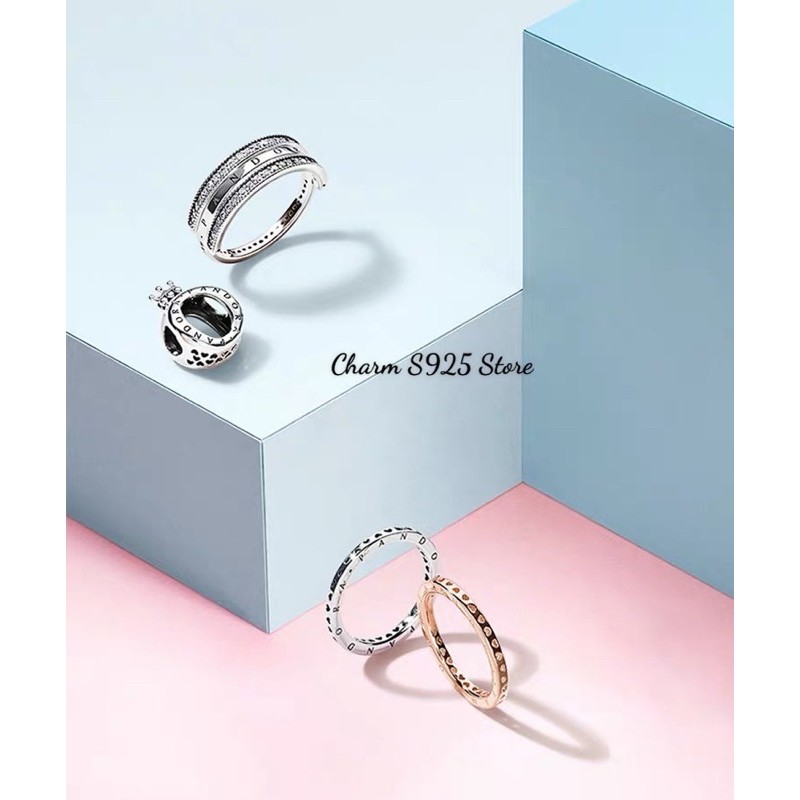 Nhẫn đeo tay pan viền đá trắng Flipping Hearts bạc s925 hàng cao cấp