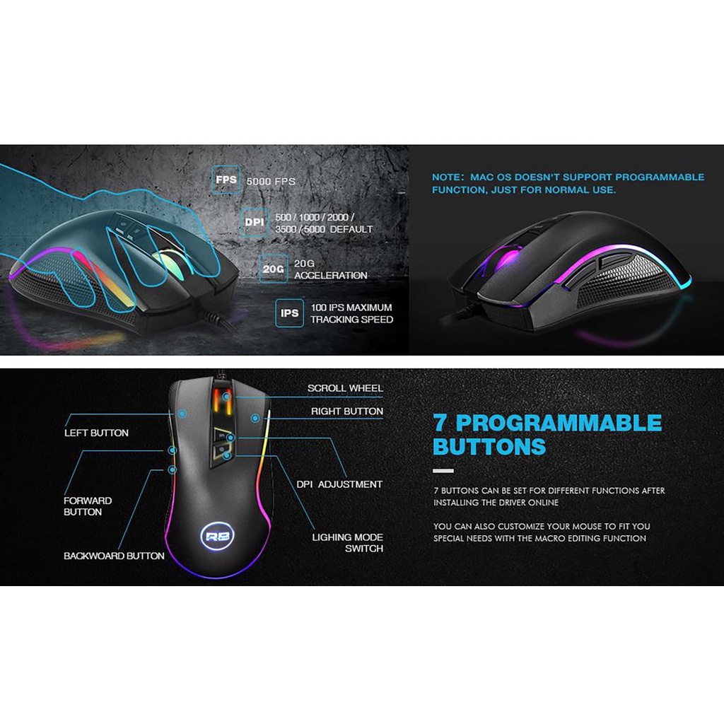 [Gaming Mouse] Chuột chuyên Game 7D Rainbow R350, Led RGB, DPI 4000 (Đen) - Nhất Tín Computer