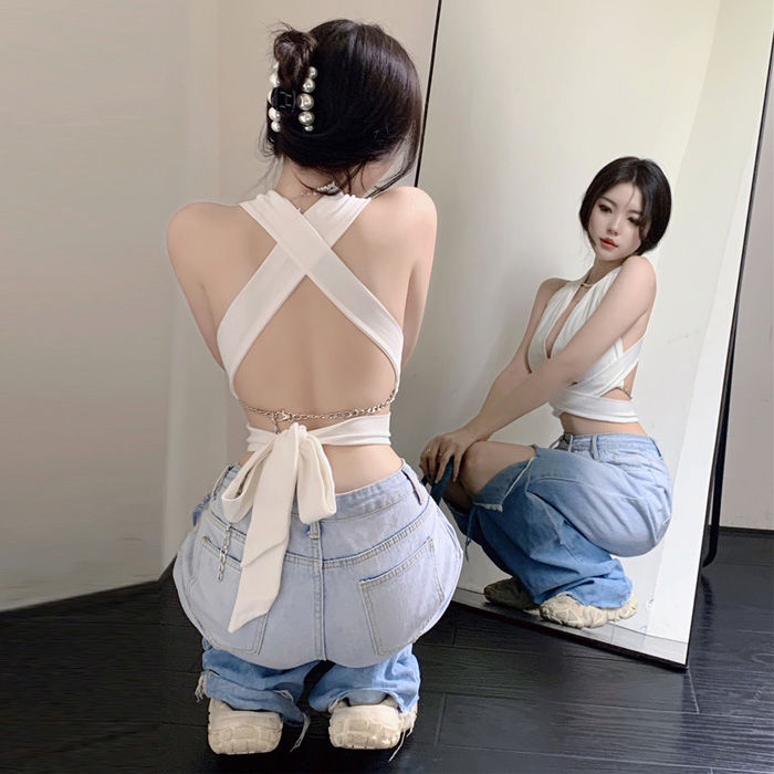 Jiashucheng Influencer Áo Dây Xích Ngắn Lưng Trần Gợi Cảm Hợp Thời Trang Cho Nữ