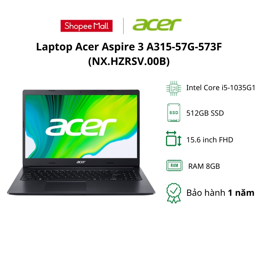 Laptop Acer Aspire 3 A315-57G-573F (NX.HZRSV.00B)/Black/ Intel Core i5-1035G1/ RAM 8GB/ 512SSD/Nvidia Geforce MX 3