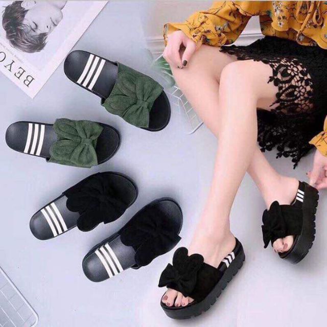 Dép nơ thỏ bánh mì 2 màu xanh đen