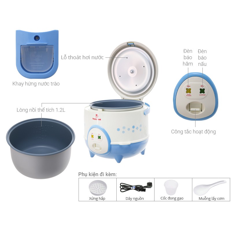 Nồi cơm điện nắp cài Happy cook HC-120 1.2 lít màu xanh - Bảo hành Chính hãng