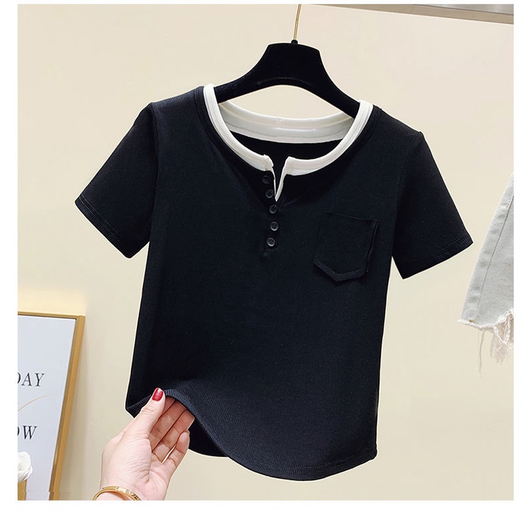 Áo Thun Tay Ngắn Cổ Chữ V Màu Sắc Tương Phản Thời Trang Mùa Hè 2022 Cho Nữ