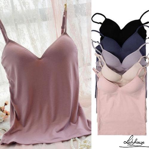 Áo hai dây cổ chữ V màu trơn có đệm lót ngực thời trang mùa hè cho nữ