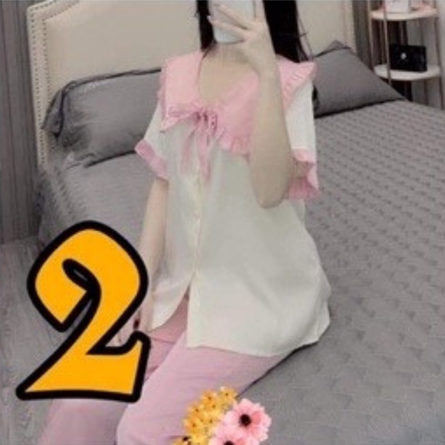 Đồ Bộ, Đồ Ngủ Pijama Nữ phối bèo Tiểu Thư cổ sen Quần Dài, Áo Cộc vải kate