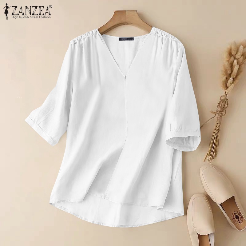 Áo sơ mi ZANZEA tay lửng cổ chữ V màu trơn phong cách vintage dành cho nữ