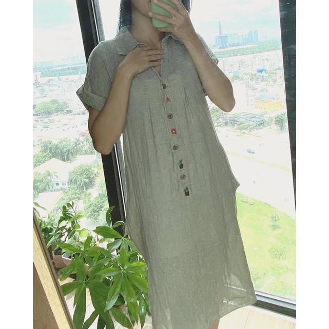 Đầm linen thêu tay hàng secondhand Hàn quốc