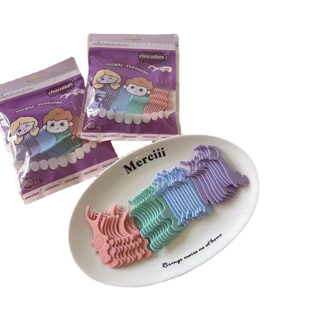 Sét 40 tăm chỉ nha khoa hình thú chăm sóc răng miệng cho trẻ em, học sinh, người lớn