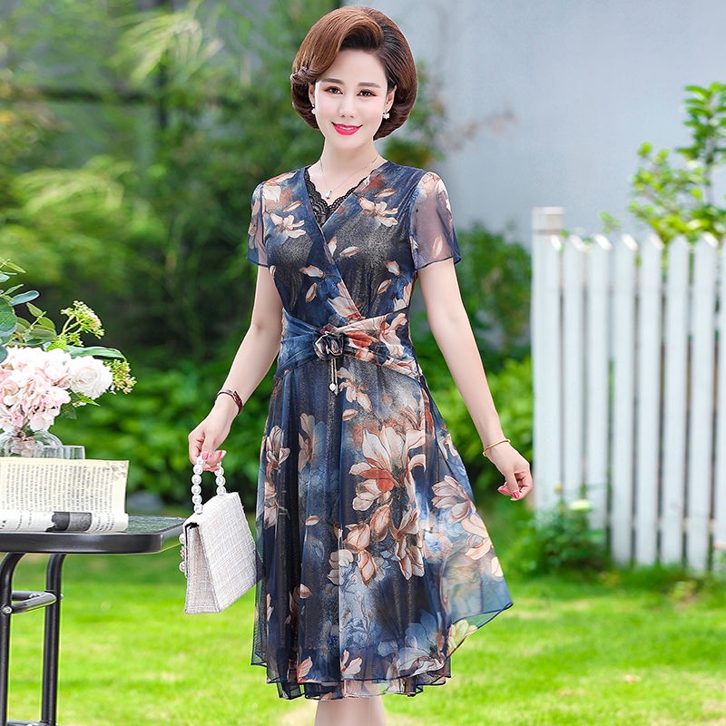 Mom Summer Váy hoa ngắn tay, 40 tuổi 50 Quần áo phụ nữ từ trung niên trở lên