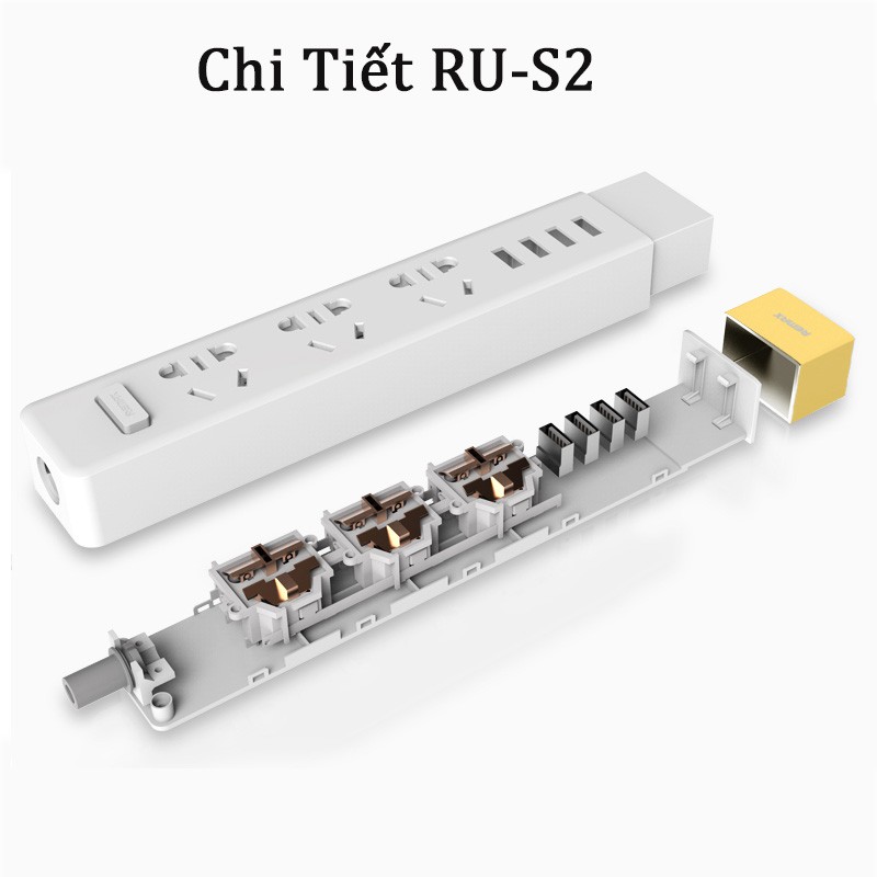 Ổ Cắm Điện Remax RU S2 Kiêm Cốc Sạc 4 cổng USB và 3 phích cắm cho mọi loại chân - BH 6 tháng
