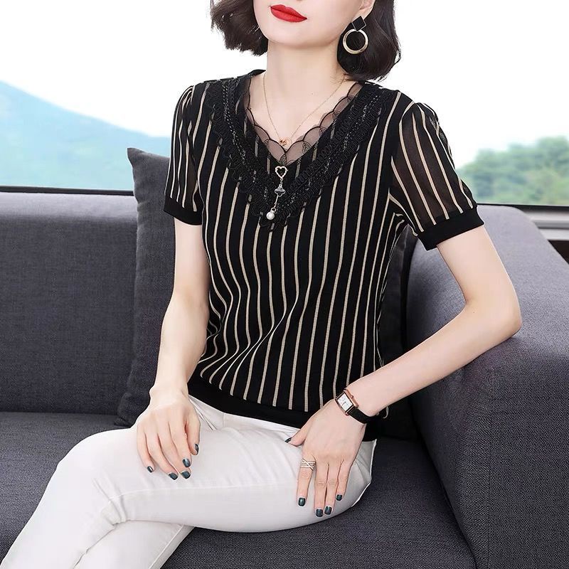 Summer plus size áo thun sọc lưới của phụ nữ ngắn tay mẹ trung niên che bụng mỏng áo sơ mi kiểu dáng nhỏ hàng đầu nước n