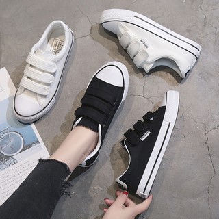 Giày Thể Thao Canvas Quai Dán Màu Trắng Phong Cách Hàn Quốc Mới 2020 Cho Cặp Đôi
