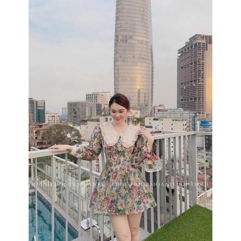 Đầm hoa bố gấm phối cổ peter ren