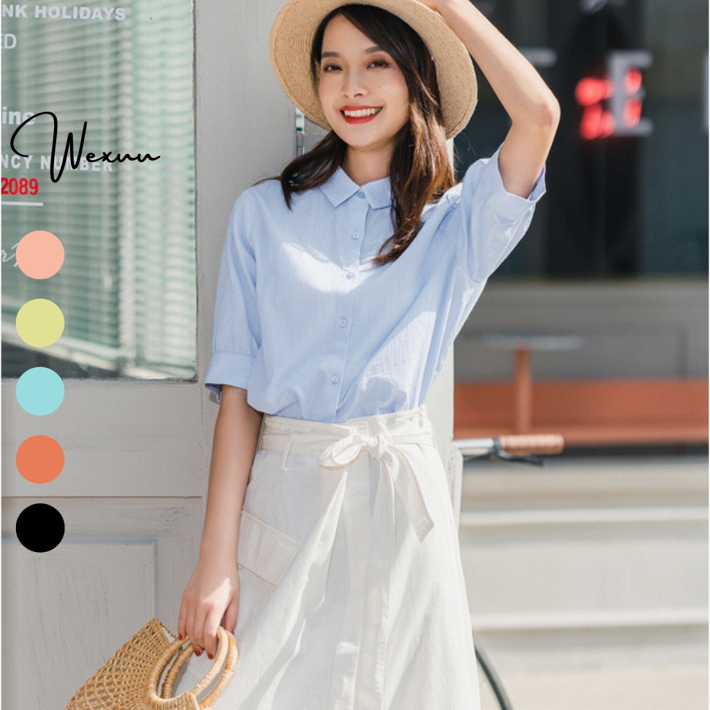 Áo Sơ Mi Nữ tay bồng Wexuu Design, Áo sơ mi kiểu nữ cổ đức chất vải cao cấp chống nhăn [SP33 xanh dương]