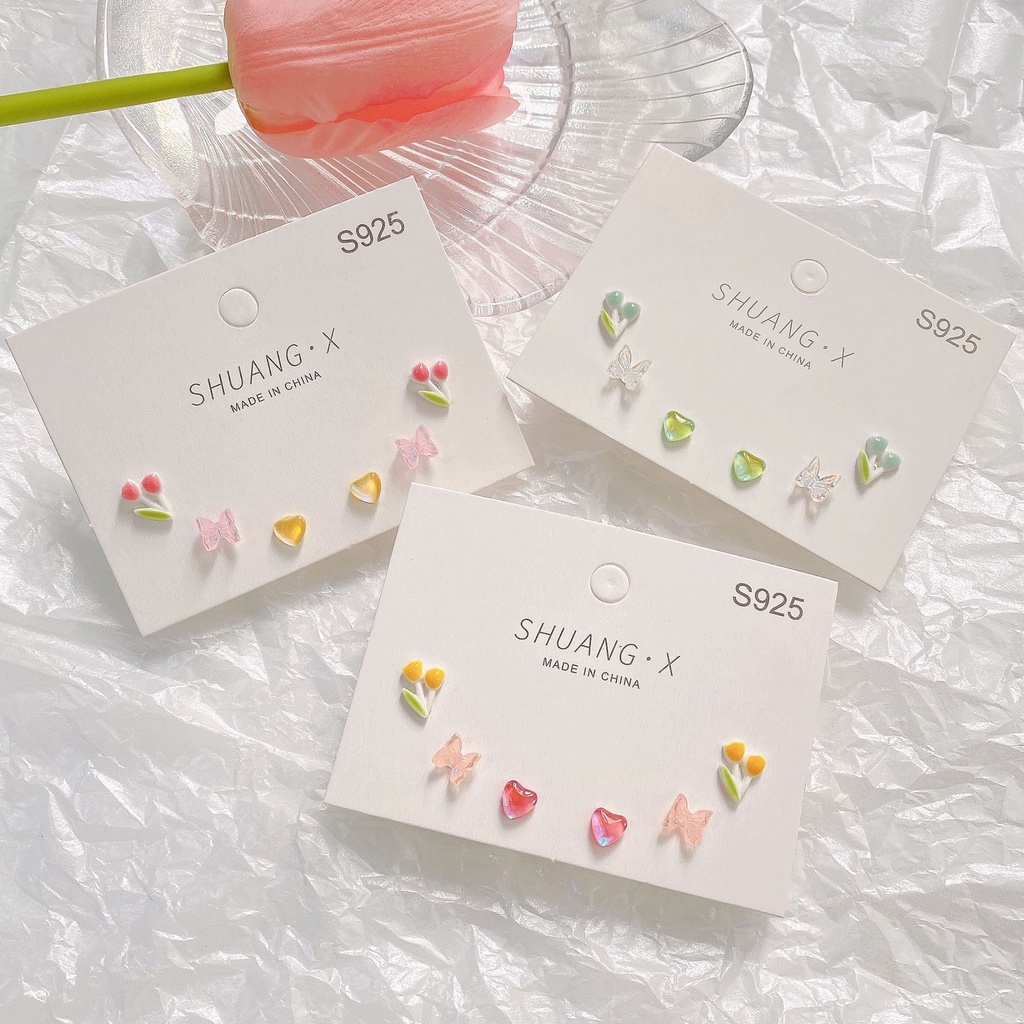 Bông Tai Mạ Bạc 925 Hình Hoa Tulip / Trái Tim Màu Sắc Xinh Xắn Thời Trang Cho Nữ