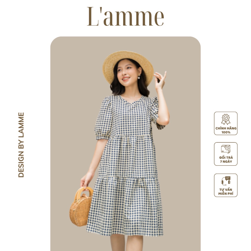 Váy bầu kẻ DEMI dáng babydoll, chất liệu đũi thoáng mát, tay phồng thiết kế by LAMME