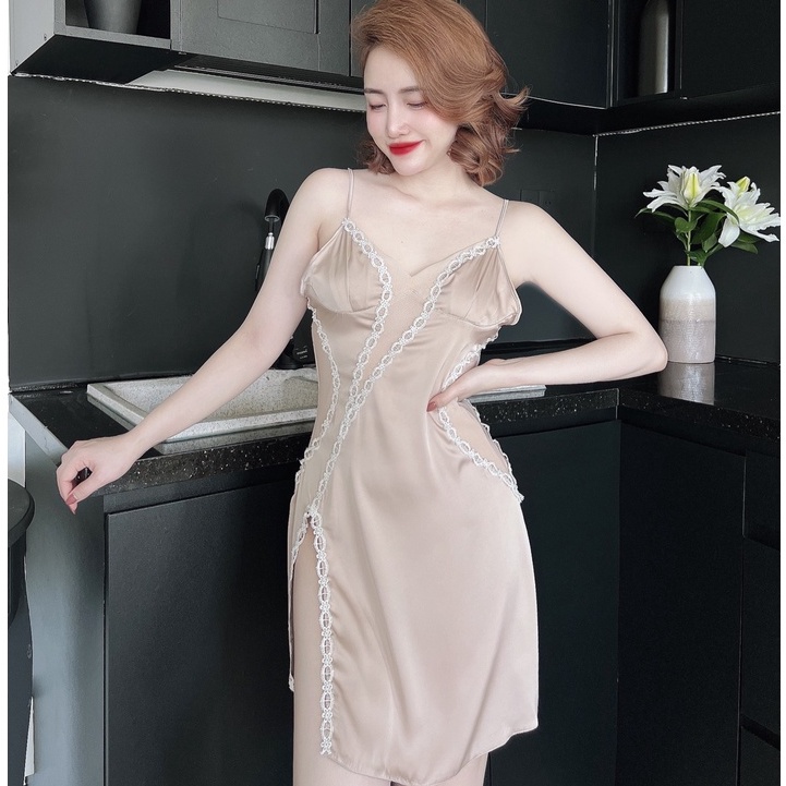 Váy Ngủ Nữ Latin Chạy Ren Thân Kèm Quần SOJUN Vải Latin Dưới 60Kg