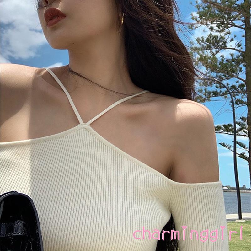 Áo Dệt Kim Tay Dài Hở Vai Màu Sắc Trơn Thời Trang Mùa Hè Cho Nữ