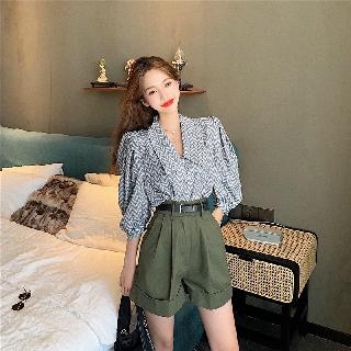 👗👗Set Áo Tay Phồng Cổ Chữ V + Quần Short Lưng Cao Ống Rộng Thời Trang Cho Nữ