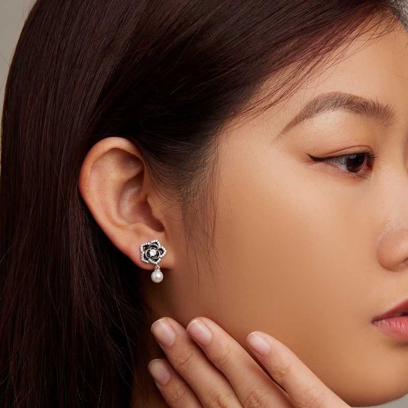 Bông tai BAMOER bằng bạc 925 hình hoa trà xinh xắn