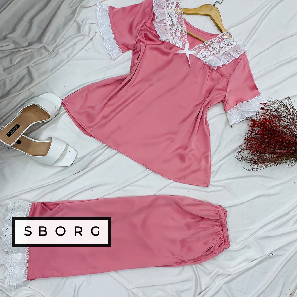 Đồ bộ mặc nhà SBORG bộ pijama lụa latin áo tay ngắn cổ tim viền ren dễ thương quần lửng túi quần sâu freesize dưới 65kg