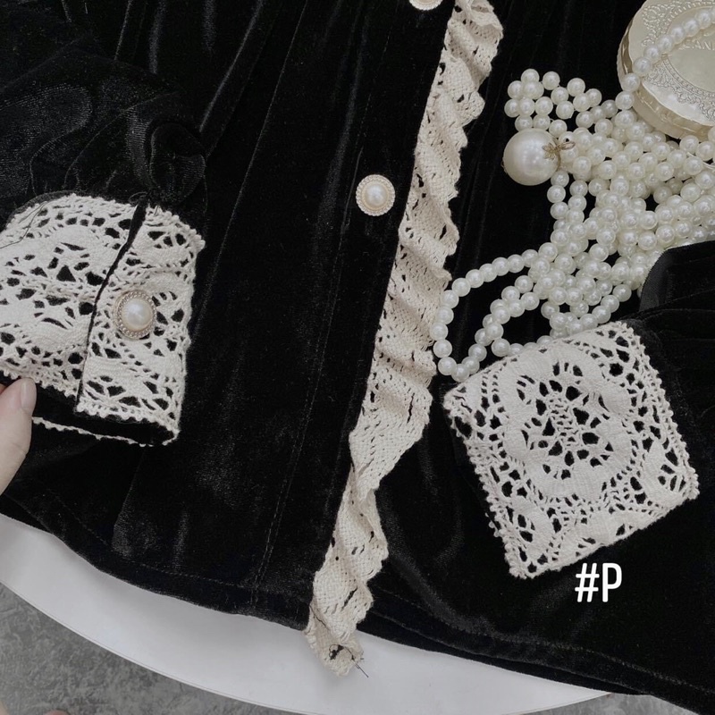 Áo Sơ Mi Nhung Khuy Ngọc Phối Viền Ren Điệu Đà✌️Ảnh Thật | BigBuy360 - bigbuy360.vn