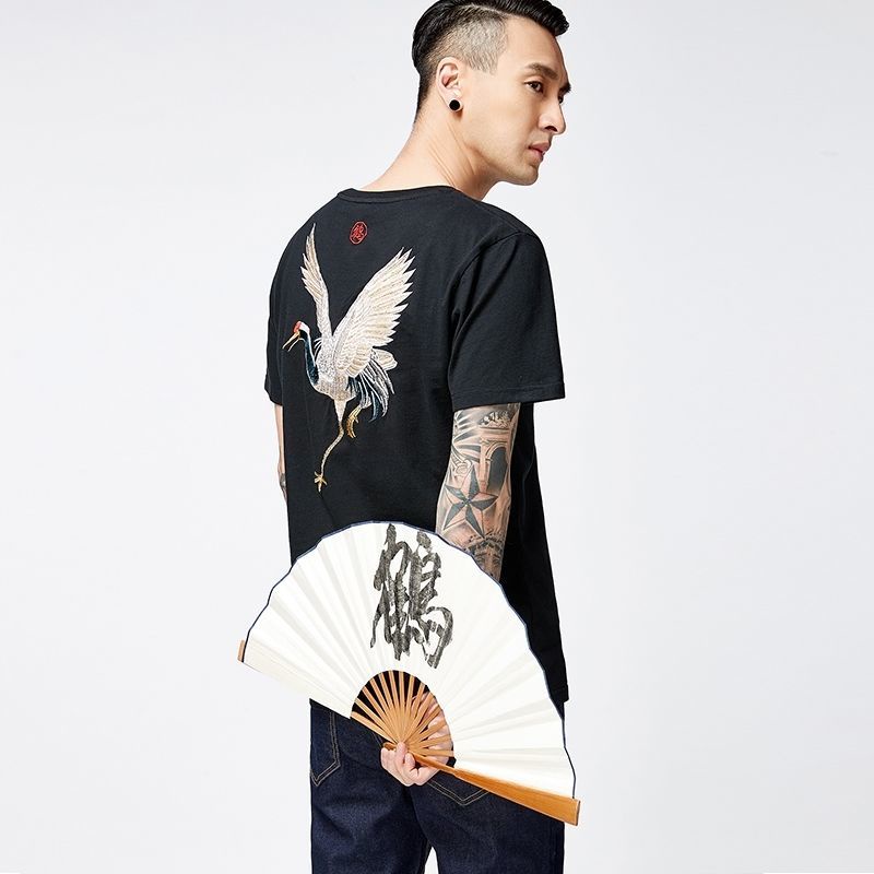 Áo Thun Cotton Ngắn Tay Thêu Hình Hạc Phong Cách Dân Tộc Thời Trang Mùa Hè Hàng Mới