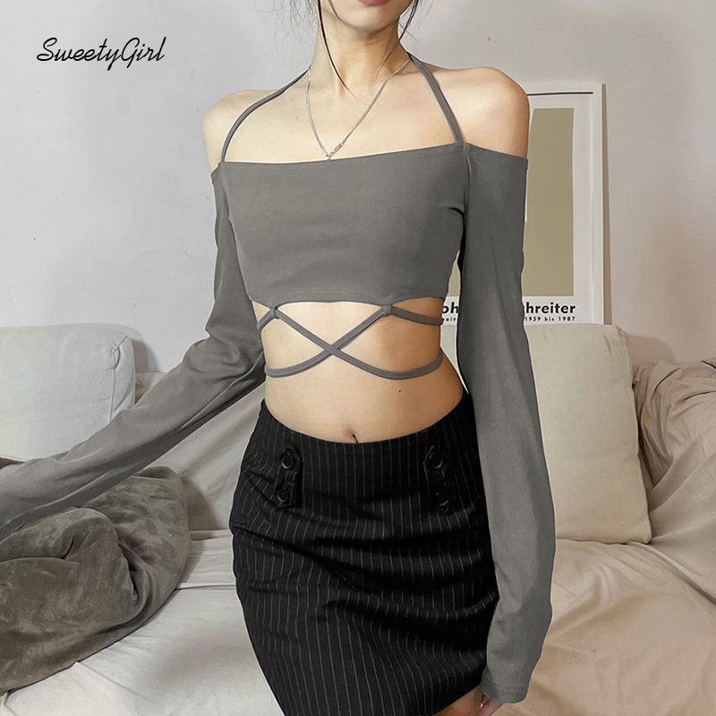 Áo Croptop Trễ Vai Tay Dài Dáng Ôm Màu Trơn Thời Trang Quyến Rũ Cho Nữ