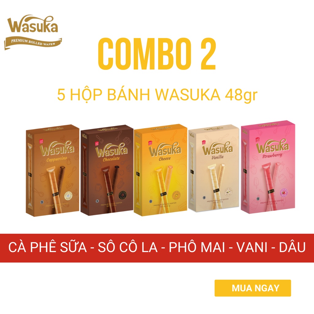 Combo 2: 5 Hộp Bánh Quế Wasuka 48gr Đủ Mùi Vị (Sô cô la + Phô mai + Vani + Dâu + Cà phê sữa)
