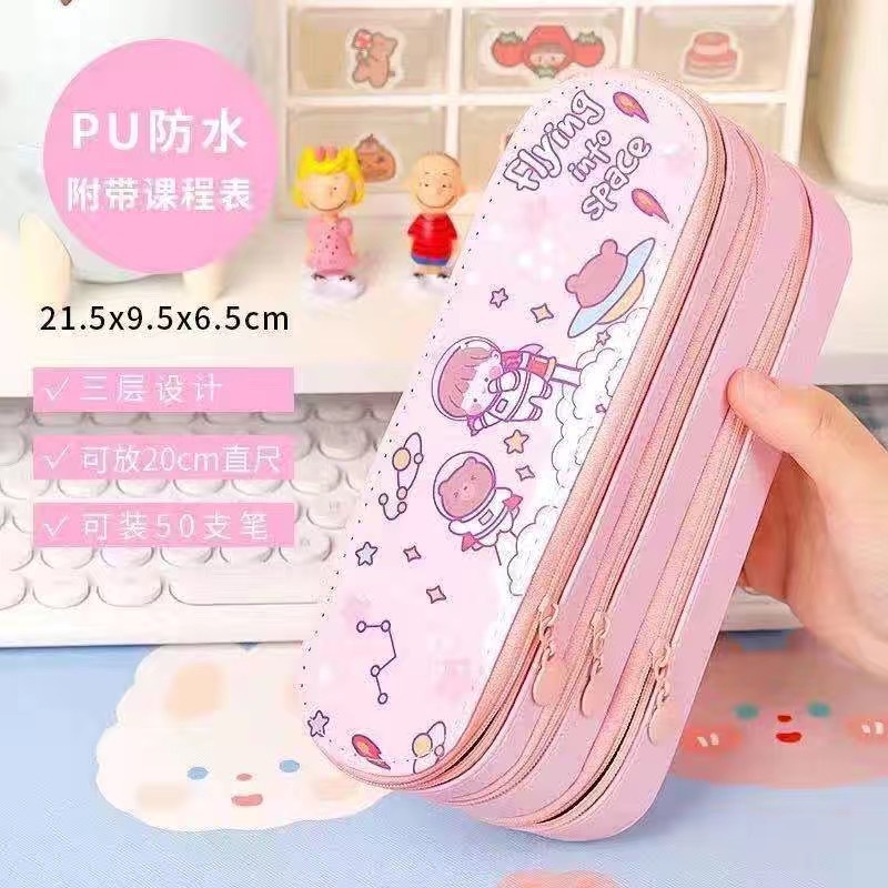 Túi Đựng Bút Hai Lớp Bằng PU Họa Tiết Khủng Long Phi Hành Gia Sức Chứa Lớn Cho Bé Trai