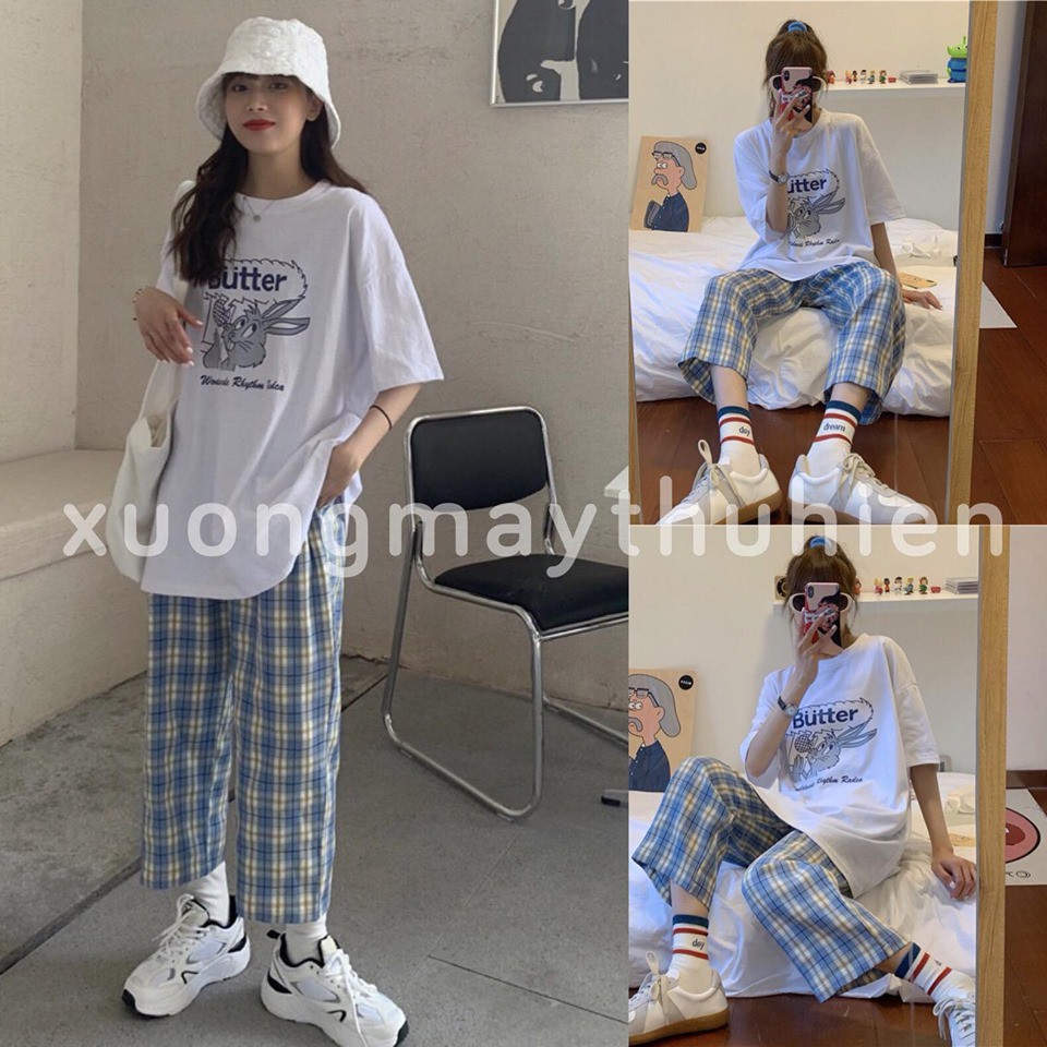 [ Mã FAMAYWA2 giảm 10K đơn 50K] [ NEW set áo thun butter quần suông kẻ ống rộng xanh dương form rộng unisex | BigBuy360 - bigbuy360.vn