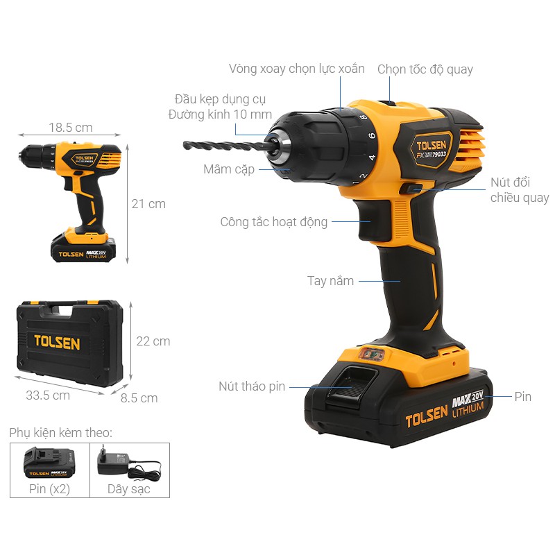 MÁY KHOAN PIN 2 TỐC ĐỘ 10MM 20V (2 PIN) TOLSEN 79033 LI-ION CORDLESS DRILL