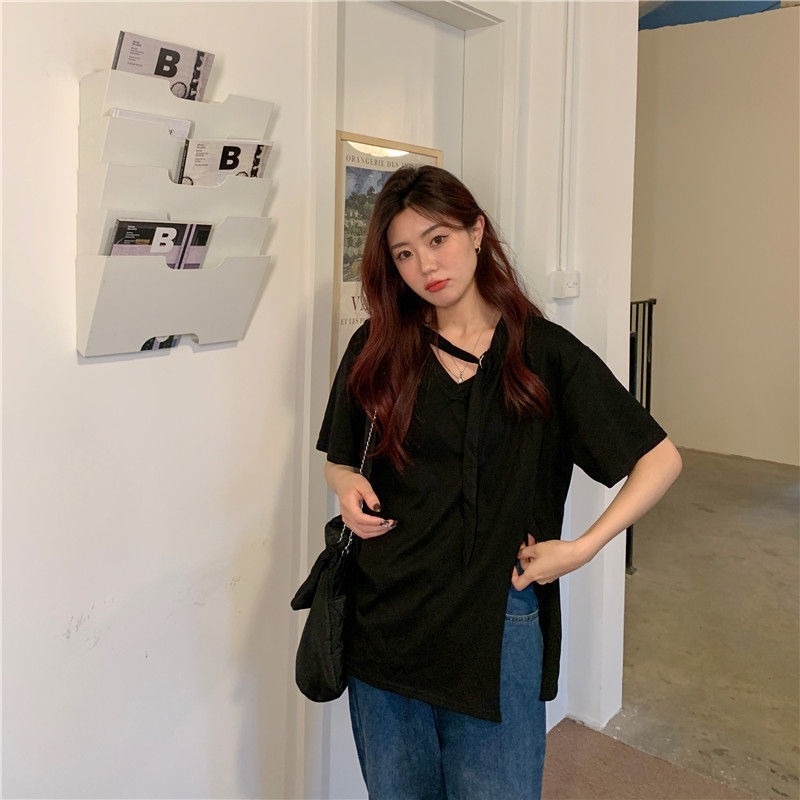 Áo Thun Tay Ngắn Màu Trơn Xẻ Tà Dễ Phối Đồ Thời Trang Mùa Hè Cho Nữ