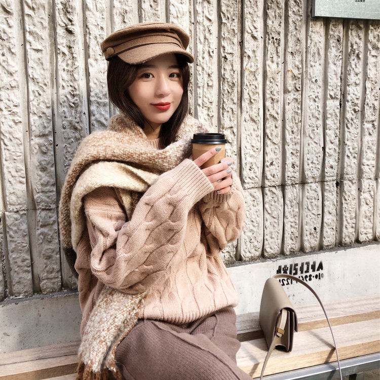 Áo len RENJIANVSHENG tay dài dáng rộng theo phong cách retro hợp thời trang