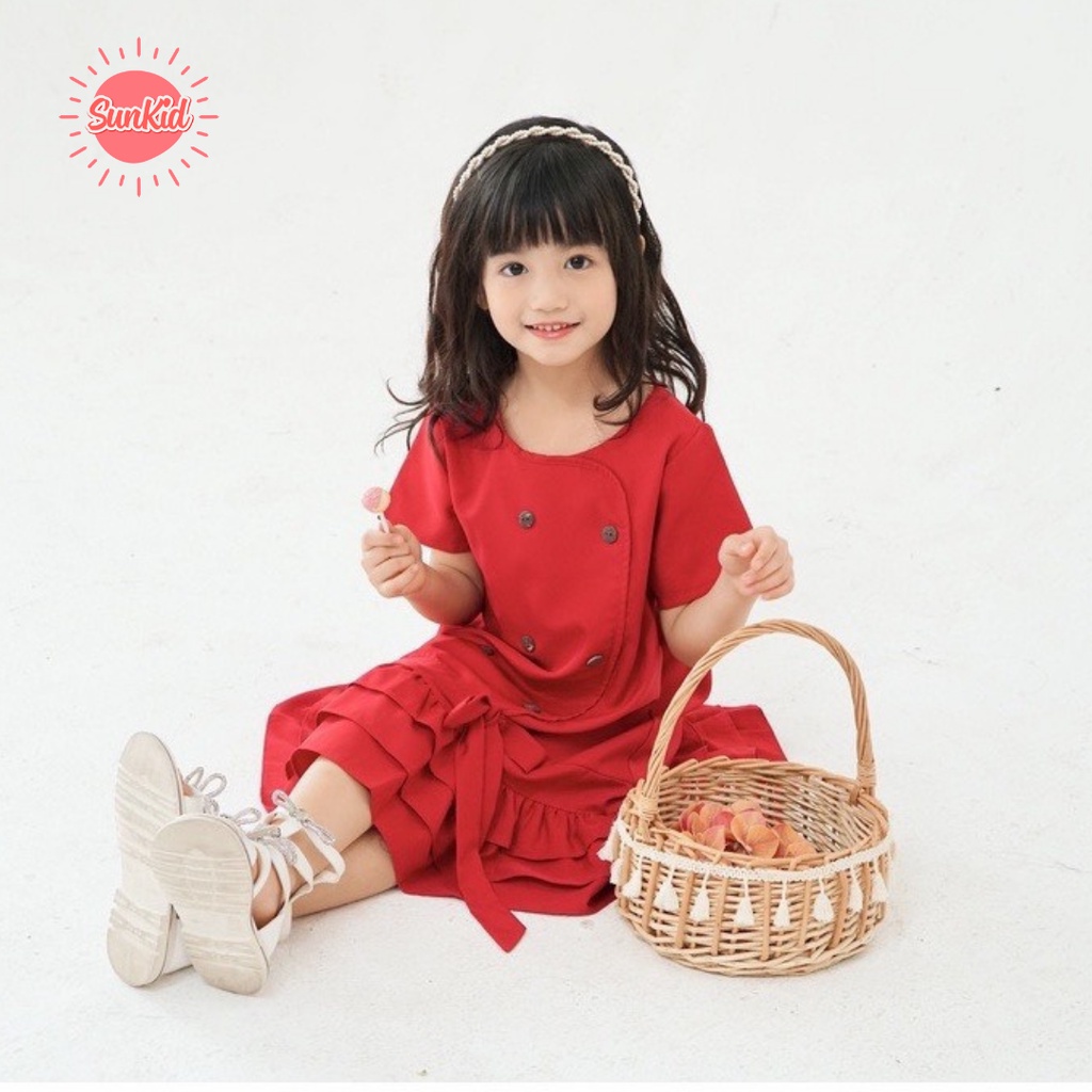 Váy đầm bé gái đỏ dáng suông thắt nơ vải trượt nhật cao cấp mùa hè Sunkid SM màu đỏ size trẻ em 4-12 tuổi