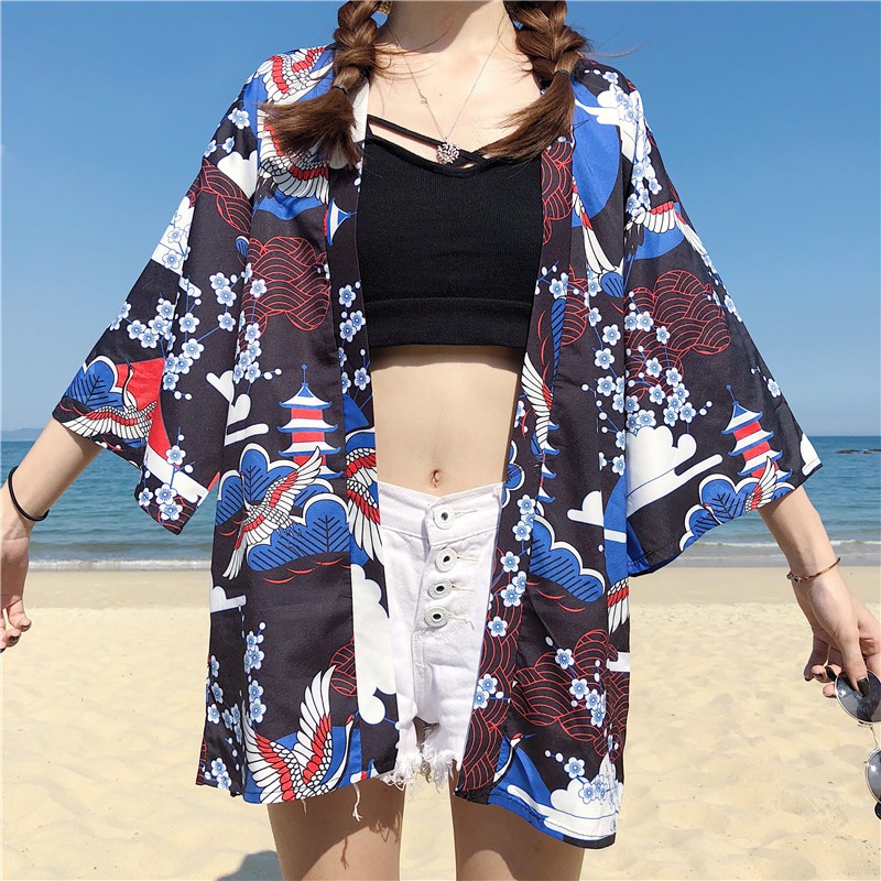Áo khoác kimono haori happi in hạc và hoa anh đào