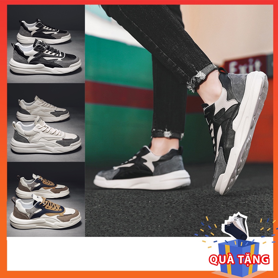 Giày thể thao nam Naisha chất da lộn phối da trơn cao cấp - sneaker nam thời trang, màu nâu, đen, trắng, xám