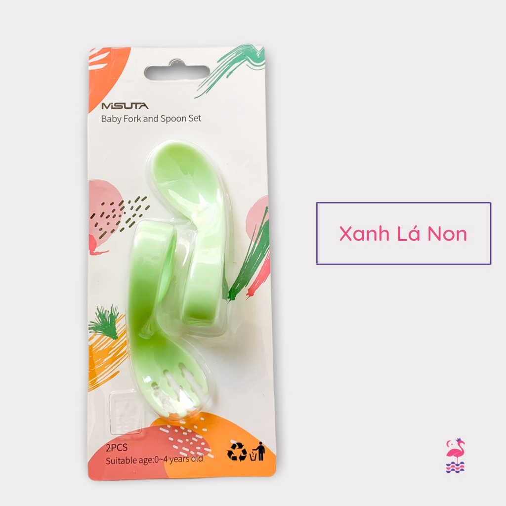 Bộ Thìa Dĩa - Muỗng Ăn Dặm Misuta Tay Cầm Uốn Cong Giúp Bé Tập Xúc Dễ Dàng Chất Liệu Nhựa PP5 Cao Cấp Ấm Gift Decor