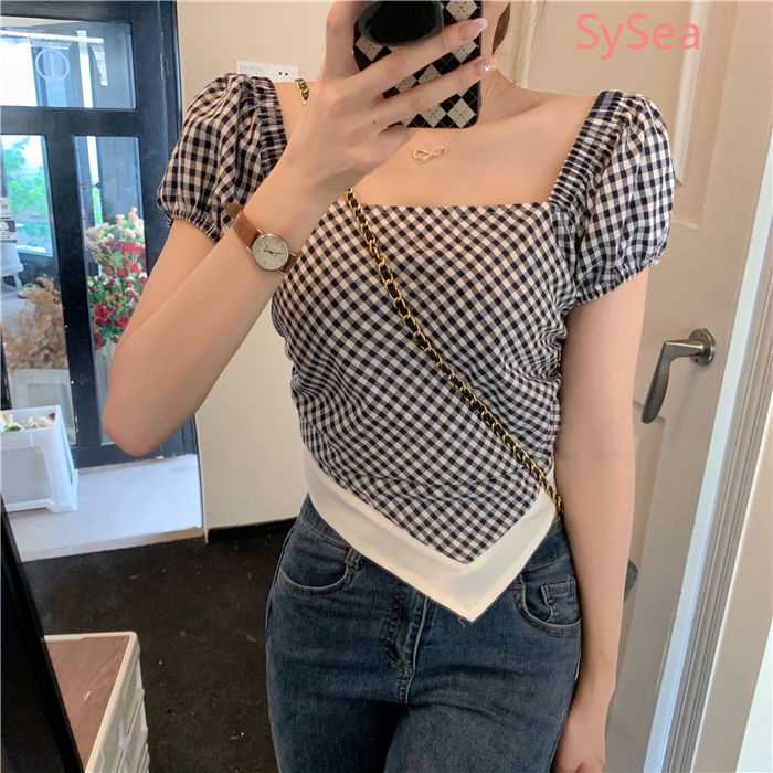 Cô Gái Mùa Hè Phong Cách Hàn Quốc Cổ Áo Vuông Không Đều