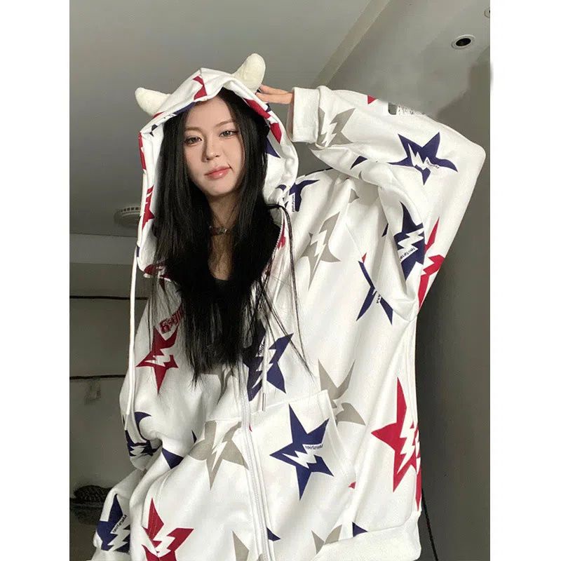Áo Khoác Cardigan Có Mũ Trùm Đầu Hình Ngôi Sao Phong Cách Hip Hop Retro Mỹ Thiết Kế Niche