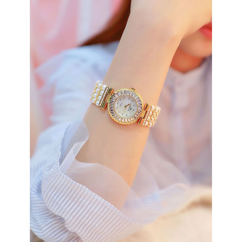 Đồng hồ nữ BS chính hãng với dây phối hợp ngọc trai và kim loại đính đá lấp lánh, độc đáo nhất thị trường 2019