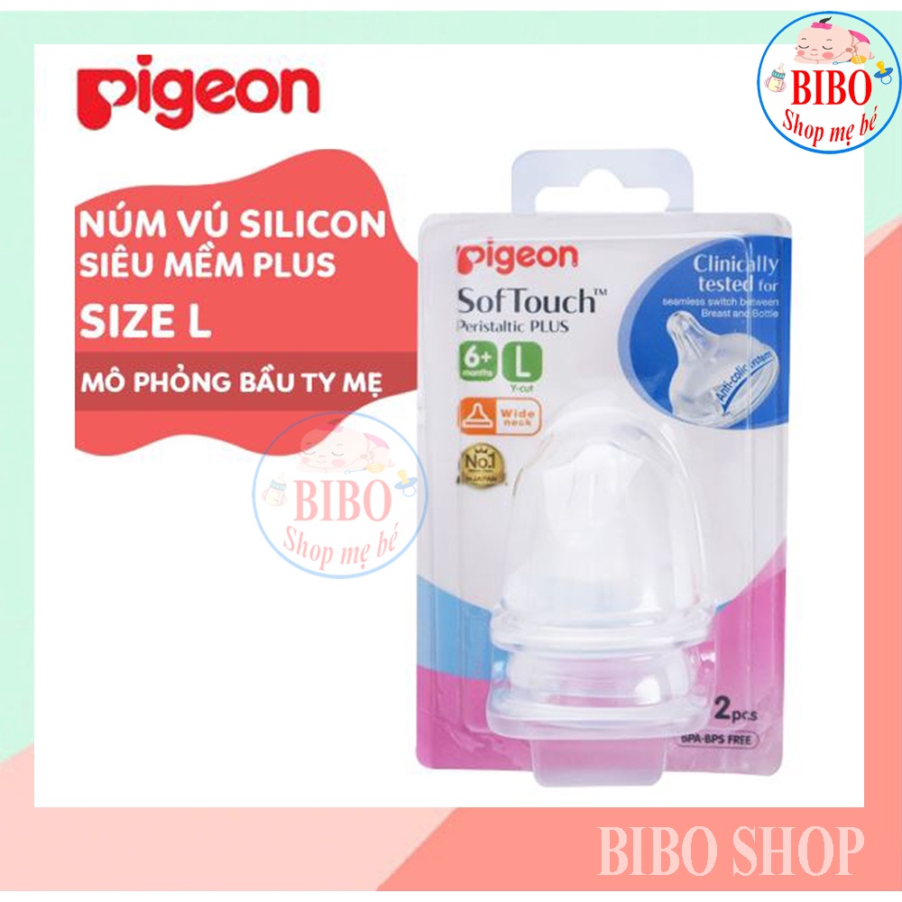 Núm Ty Cổ Rộng, Núm Vú Silicone Siêu Mềm Plus Pigeon 2 Cái/Vỉ