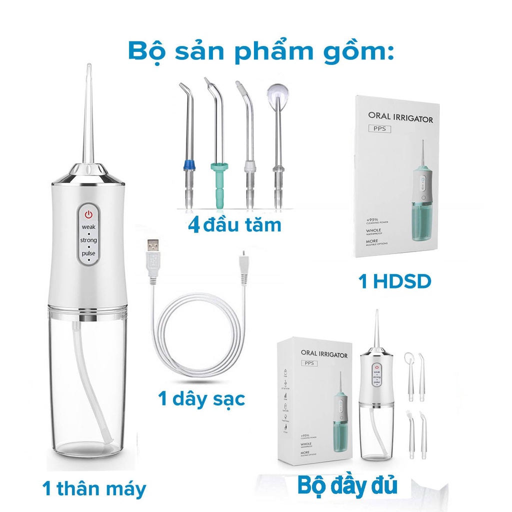 Máy Tăm Nước Cầm Tay Oral Irrigator Máy Tăm Nước Vệ Sinh Răng Miệng Cao Cấp - Tặng Kèm 4 Đầu Vệ Sinh Răng Miệng