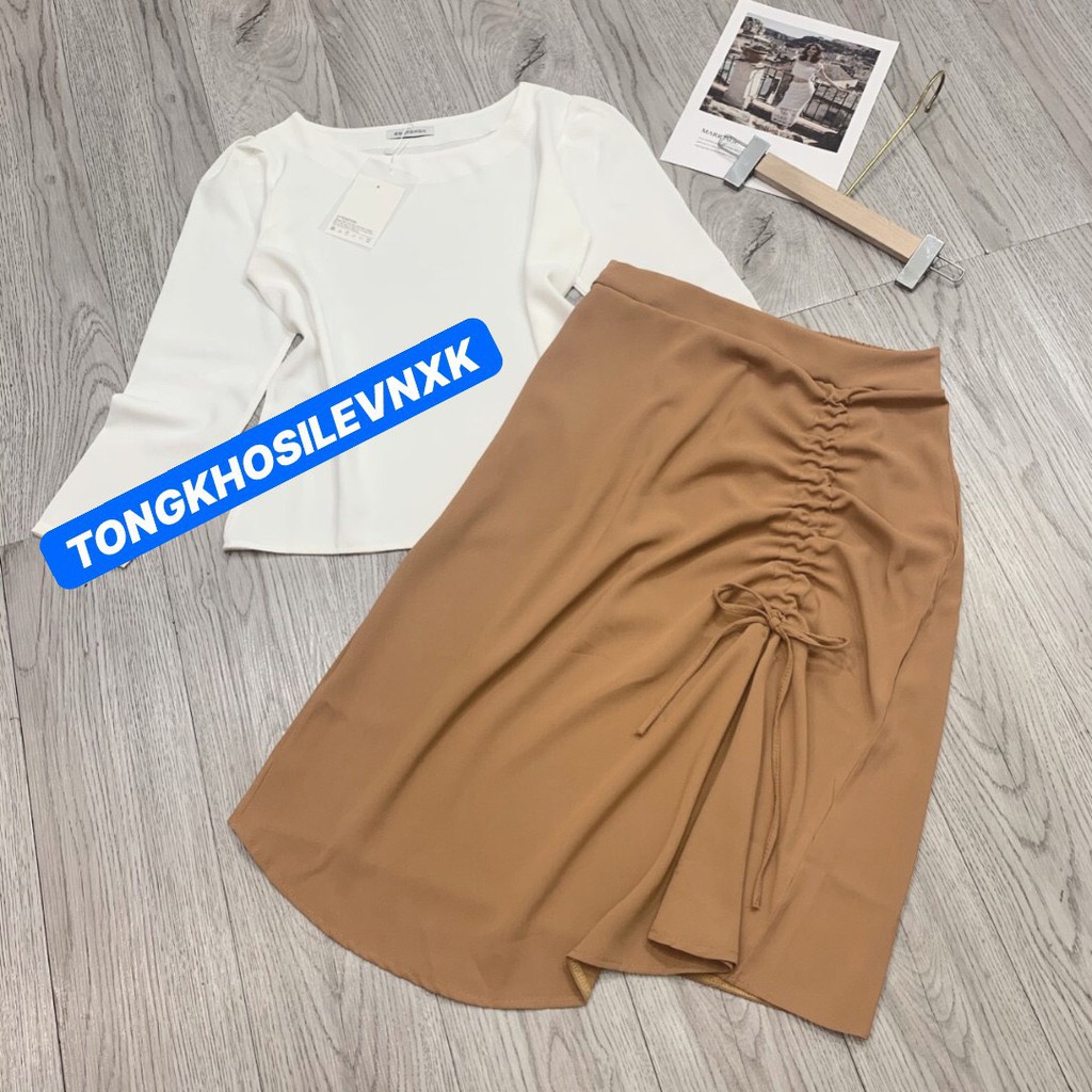 SET ÁO SƠ MI TRẮNG ĐŨI MIX CHÂN VÁY NÂU RÚT DÂY CHO NỮ - ÁO ĐŨI TRẮNG ULZZANG