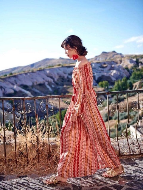 | HÀNG SẴN | Váy thổ cẩm boho vintage maxi đỏ dài