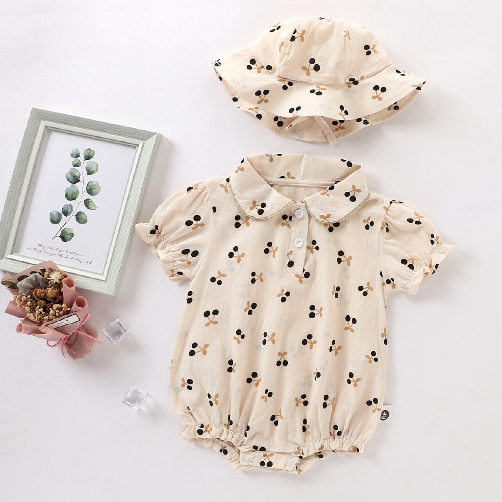 Set 2 món gồm romper + mũ cotton mềm thời trang mùa hè đáng yêu cho bé