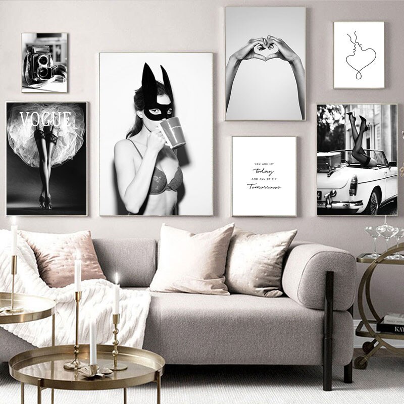 Tranh vải canvas treo tường in hình cô gái màu trắng đen trang trí phòng khách