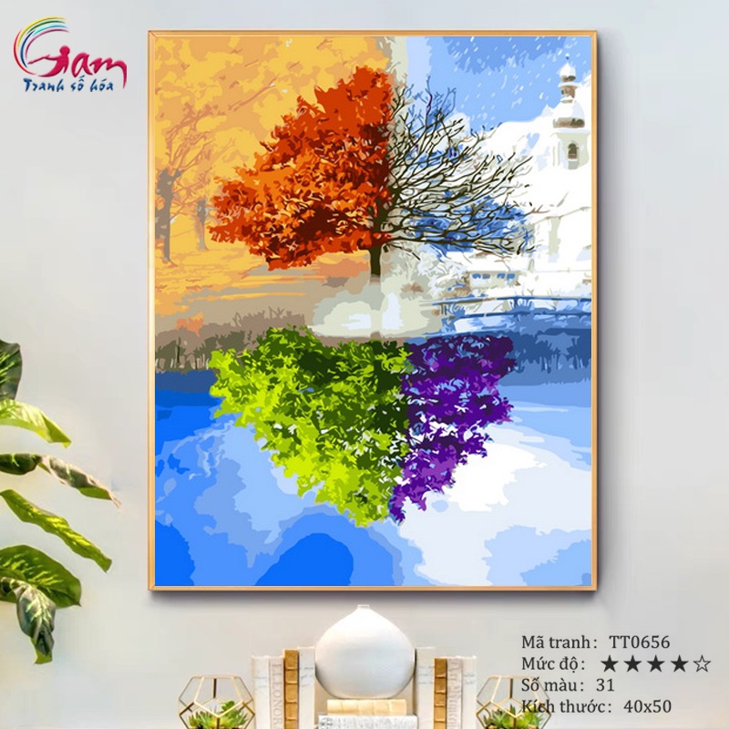 Tranh tô màu số hoá trừu tượng cây bốn mùa có khung 40x50cm TT0656