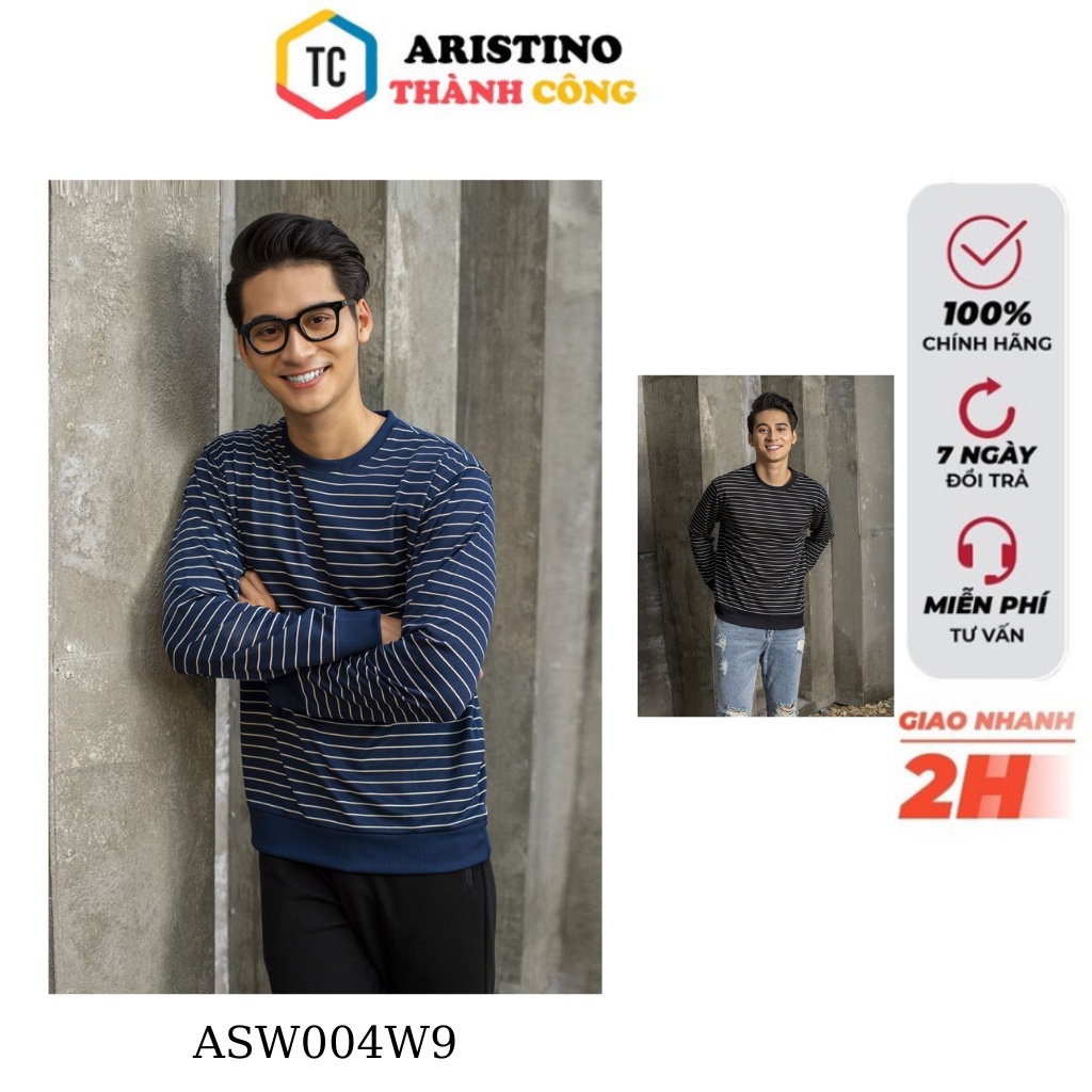 Áo thu đông nam dài tay ARISTINO họa tiết kẻ ngang, trẻ trung, from rộng ASW004W9